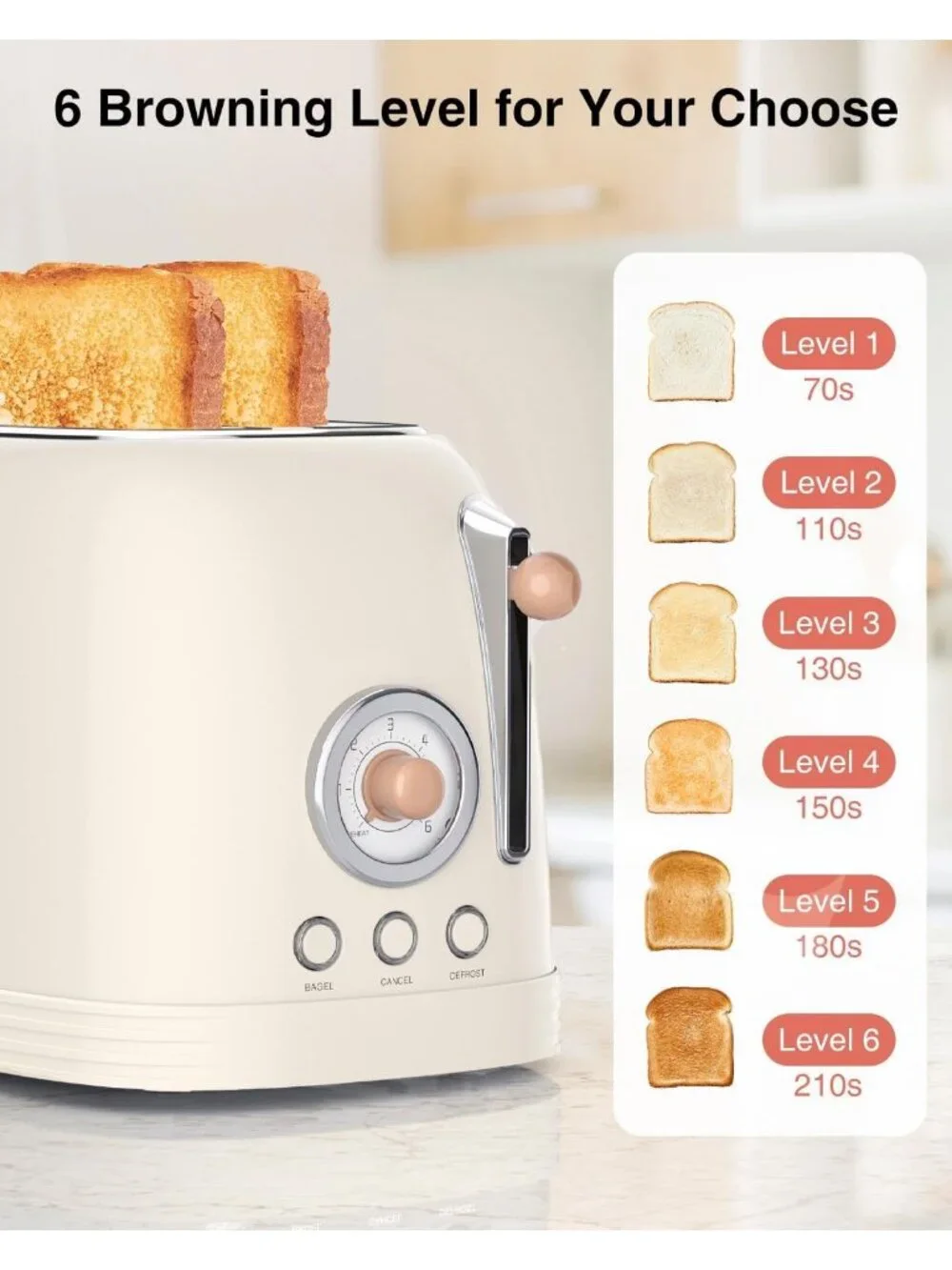 2-Slice Cream Retro Stainless Steel with Bagel Wide Slots Defrost Toaster